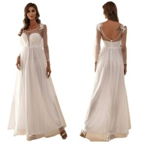Missord White Dobby Mesh Ruffle Trim Sheer Maxi Dress Large